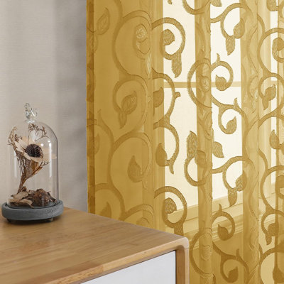 Furman Gold Sheer Curtains 54 Inch 2 Panels Set for Living Room Bedroom Bathroom, Airy Jacquard Semi Short Curtains for Small Window, 42W x 54L
