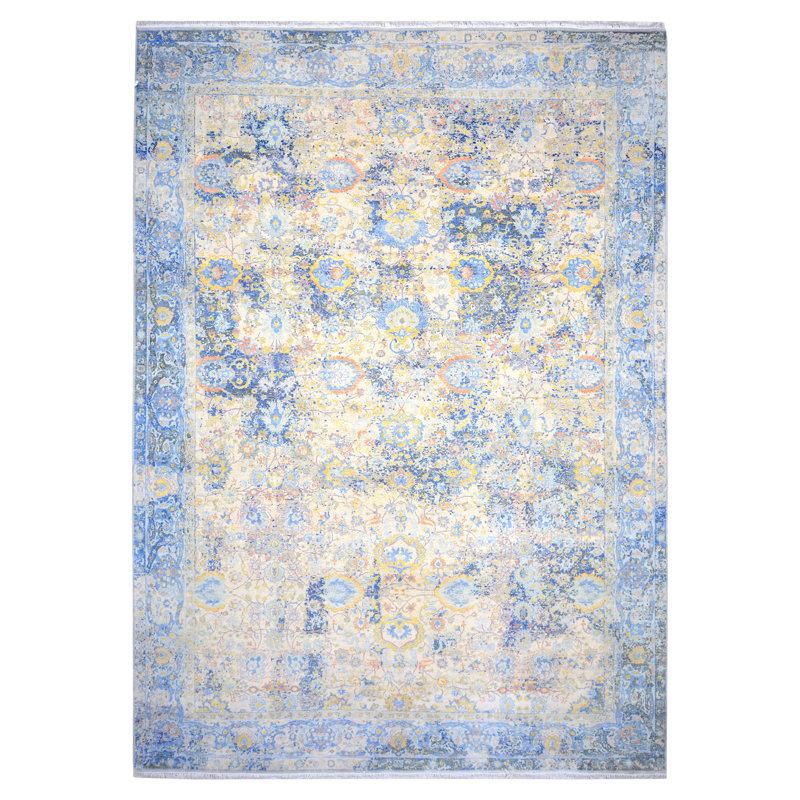 Hand Knotted Abstract Area Rug in Blue/Gold/Gray, Rectangle 5' x 8'