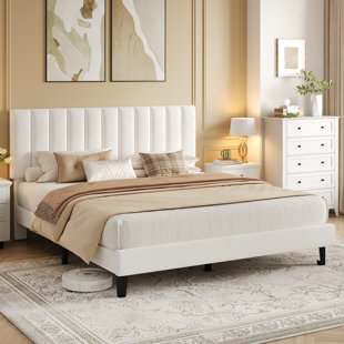 Cadre de lit Garvee pour lit double, lit plateforme recouvert de velours avec tête de lit capitonnée réglable, aucun sommier requis, montage facile, blanc