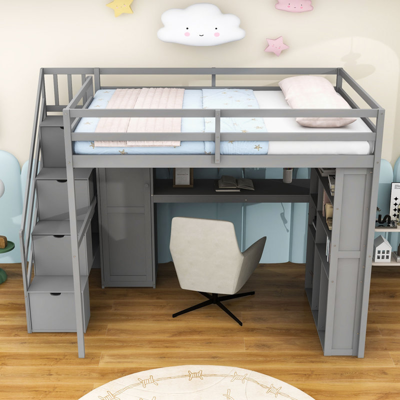 Lit mezzanine double en bois avec lumière DEL, garde-robe, bureau et tablettes, gris