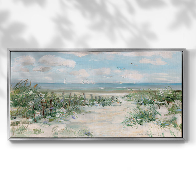 Plage de fleurs sauvages - Toile tendue avec châssis, prête à accrocher, H 21 po x l 41 po, Argent argent