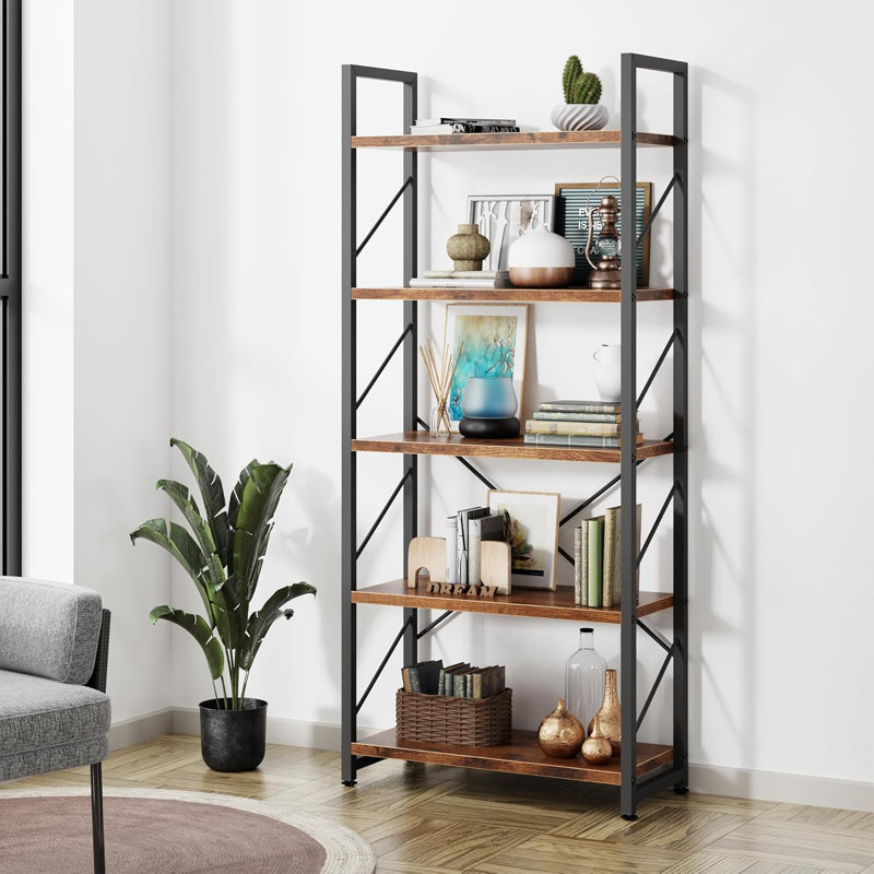 Five-layer bookshelf, tall bookcase, can hold CD/movie/books, country brown