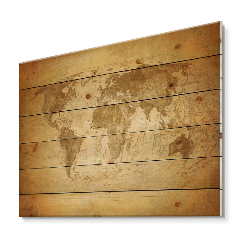 Ancienne carte du monde X - reproduction rétro sur bois de pin naturel, H 10 po x l 20 po x P 0,78 po