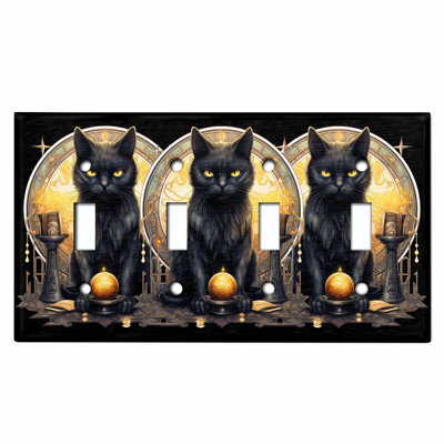 Metal Light Switch Plate Outlet Cover (Halloween Spooky Black Cat - Quadruple Toggle)