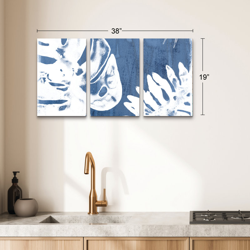 Ensemble de 3 panneaux d'art mural - "Tropical Indigo Impressions I" par June Erica Vess pour décoration de salon, de chambre à coucher ou de bureau 