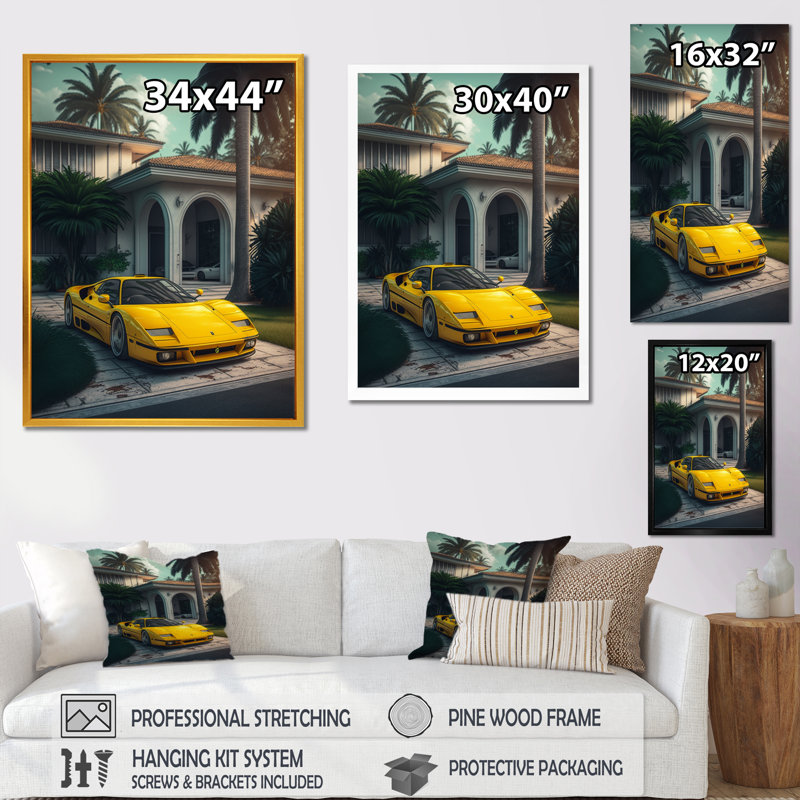 Jaune et gris, course de voiture Elegance II - voiture exotique, reproduction sur toile, H 20 po x l 12 po