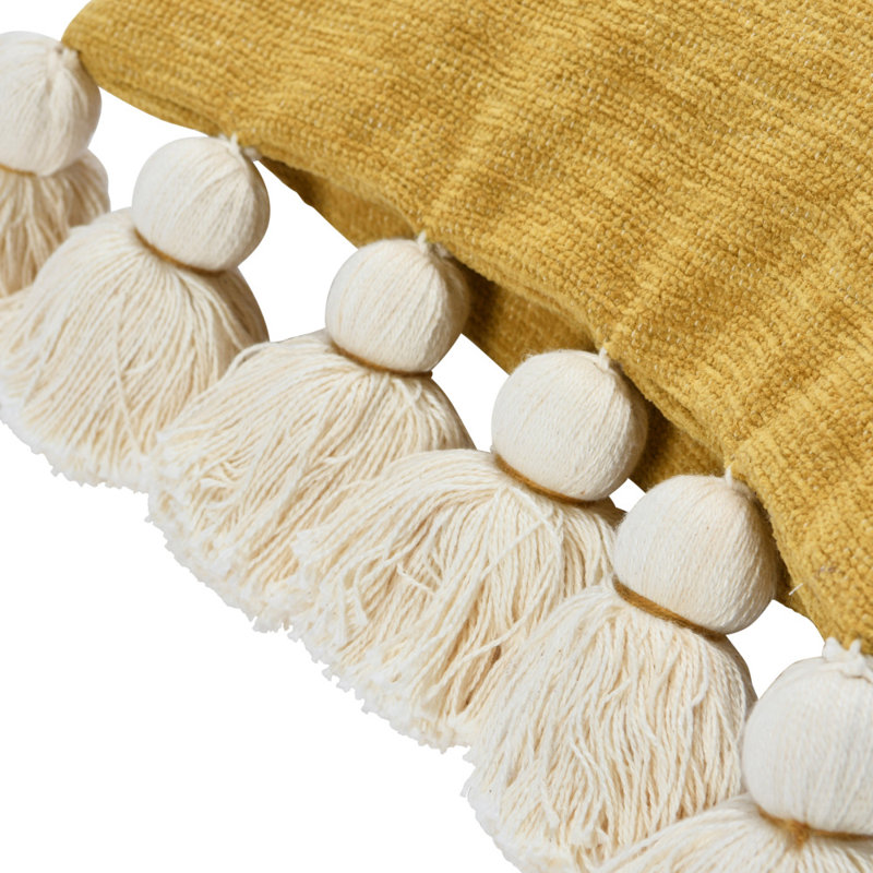 Mustard Cotton Chenille Square Throw Pillow with Tassels