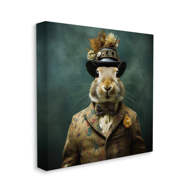 ba-923 - Reproduction encadrée d'un seul lapin encadré en costume rétro, Giclée encadrée noir minuit