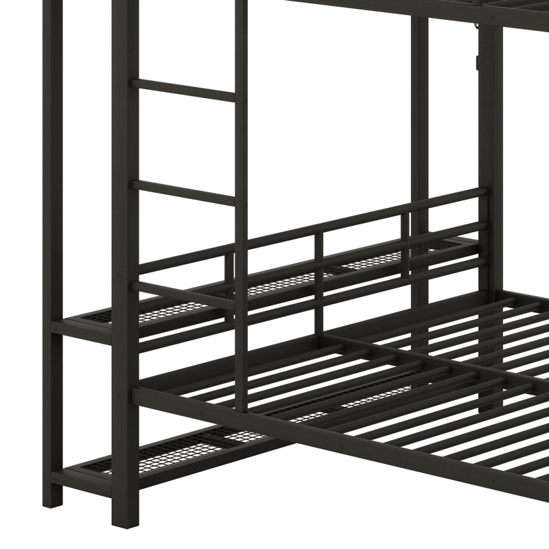 Metal Bunk Bed With Storage Mesh Shelves, Clothes Hooks Led Light Space Saving, Black