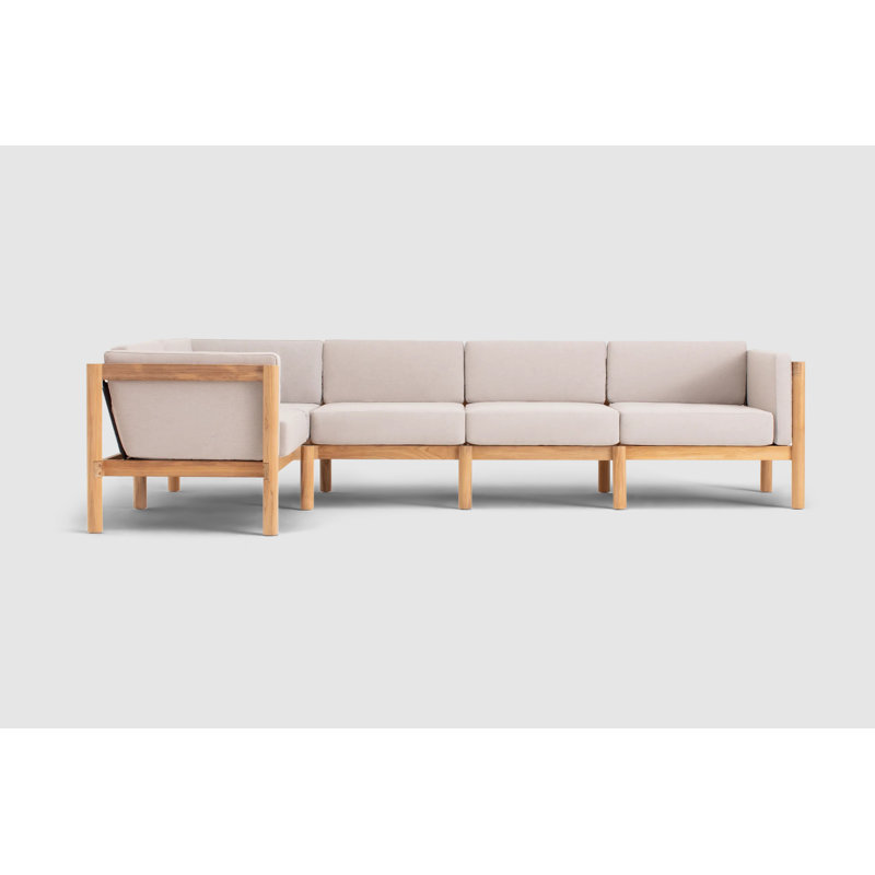 Haven Teak Outdoor Sectional With Sunbrella Cushions In Graystone, Sunbrella Ashe, 5