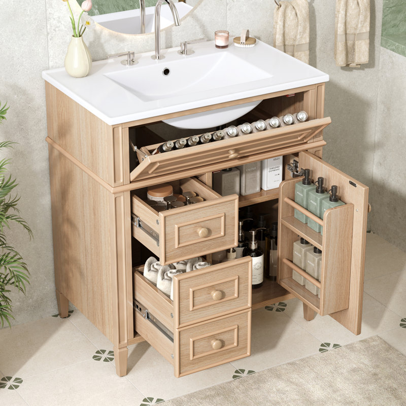 Meuble-lavabo de 30 po avec lavabo, armoire en bois massif et panneau de fibres à densité moyenne, tiroir rabattable, 2 tiroirs à fermeture en douceur, 1 porte à fermeture en douceur, poignées en bois élégantes