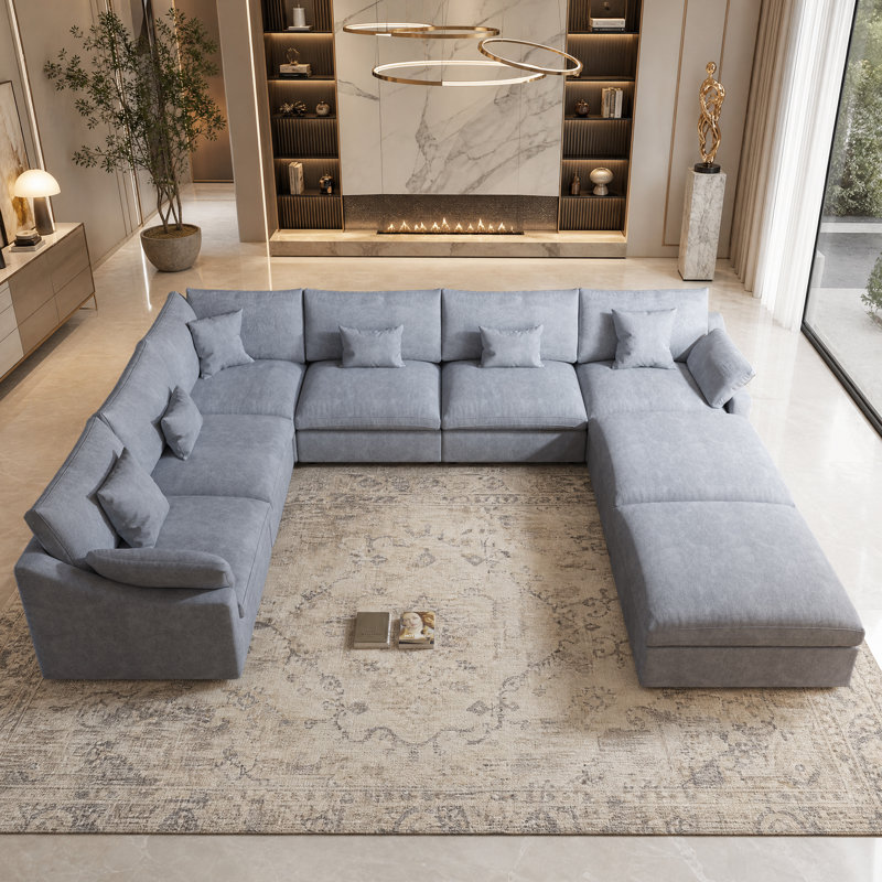 Canapé modulaire en forme de U avec 2 repose-pieds mobile Elowen, Gris clair