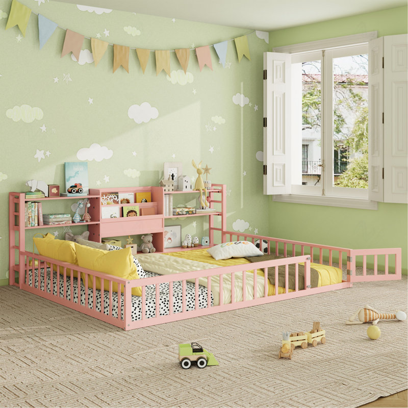 Lit de bébé Queen avec barrière de sécurité, bibliothèque et étagères de rangement à 3 niveaux, rose