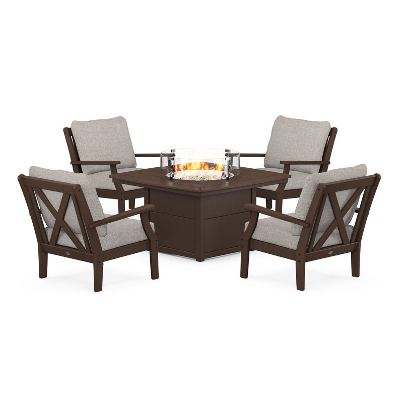 Braxton 5-Piece Deep Seating Conversation Set with Fire Pit Table, Weathered Tweed, Mahogany