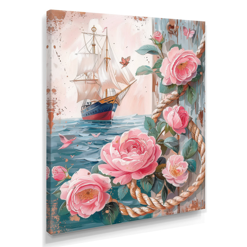 Ancre de pirate rose et vert avec roses roses I - art mural côtier, Toile tendue, H 12 po x l 20 po x P 1 po