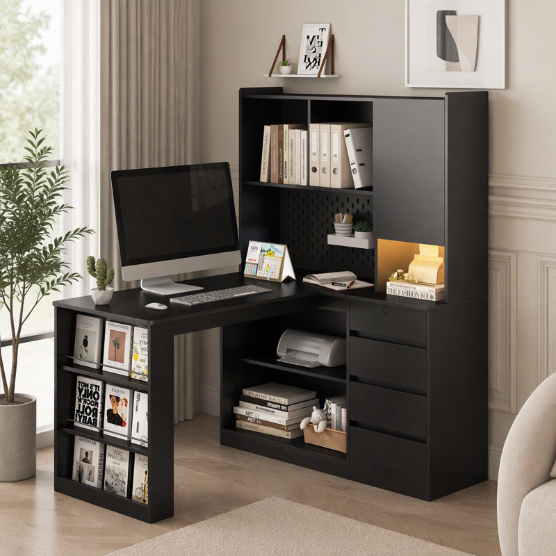 Bureau en L avec chargeur intégré, bureau d'ordinateur avec tiroirs et tablette, éclairage DEL, bureau d'angle moderne pour bureau à domicile