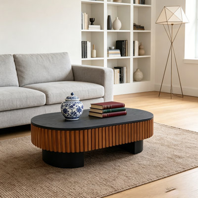 Table basse de salon elliptique de 43,7 po avec rangement caché et plateau amovible, table basse moderne en placage de bois massif. Convient aux salons, chambres à coucher, appartements ou bureaux, noir et noyer