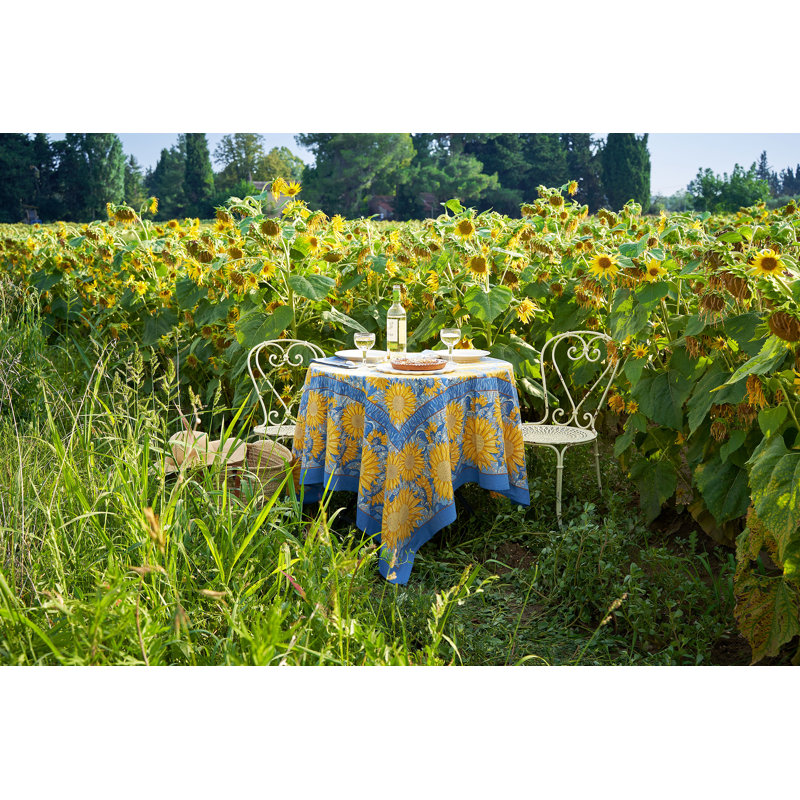 Sunflower Handmade Floral Tablecloth, Blue, 90" W x 90" L