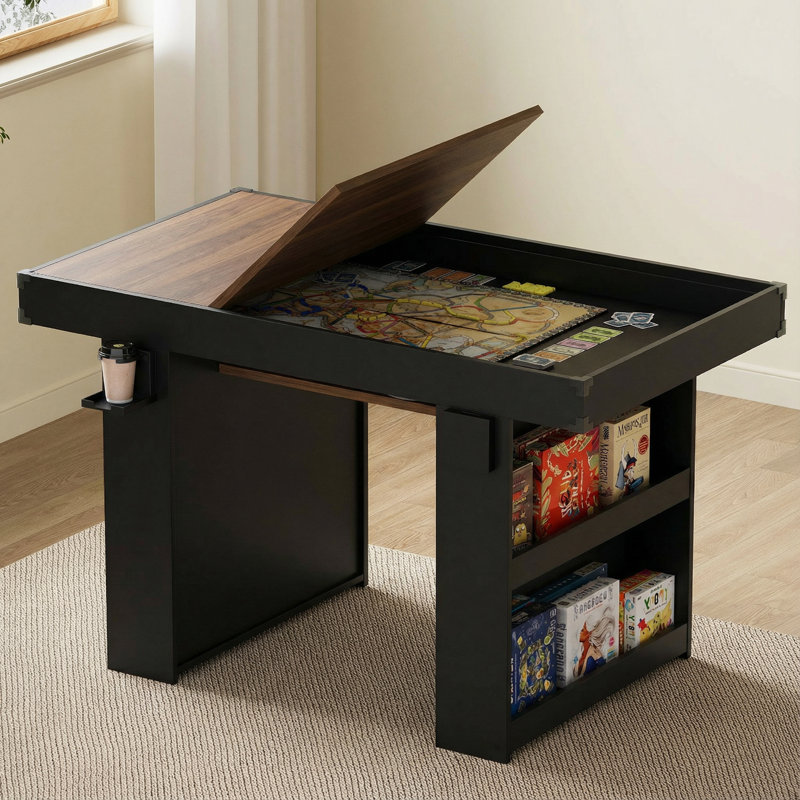 Table de jeu multifonctionnelle 2-en-1 avec plateau amovible, porte-gobelets et rangement, Noir / brun