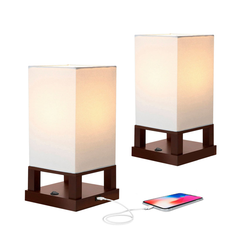 Maxwell 14 in. LED Bedside Table Lamp with Fabric Square Shade Bundle (Set of 2), Brown, 2700K