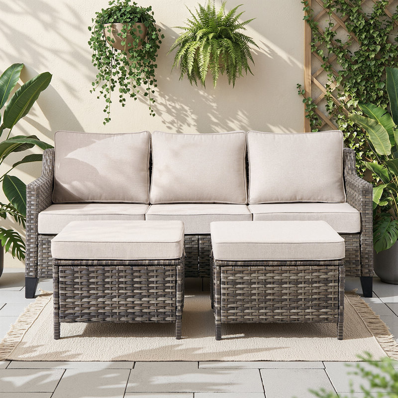 3 Pieces Patio Furniture Sofa Set-Outdoor Wicker Patio Furniture With Ottomans And All-Weather Patio Conversation Set For Backyard Porch Garden