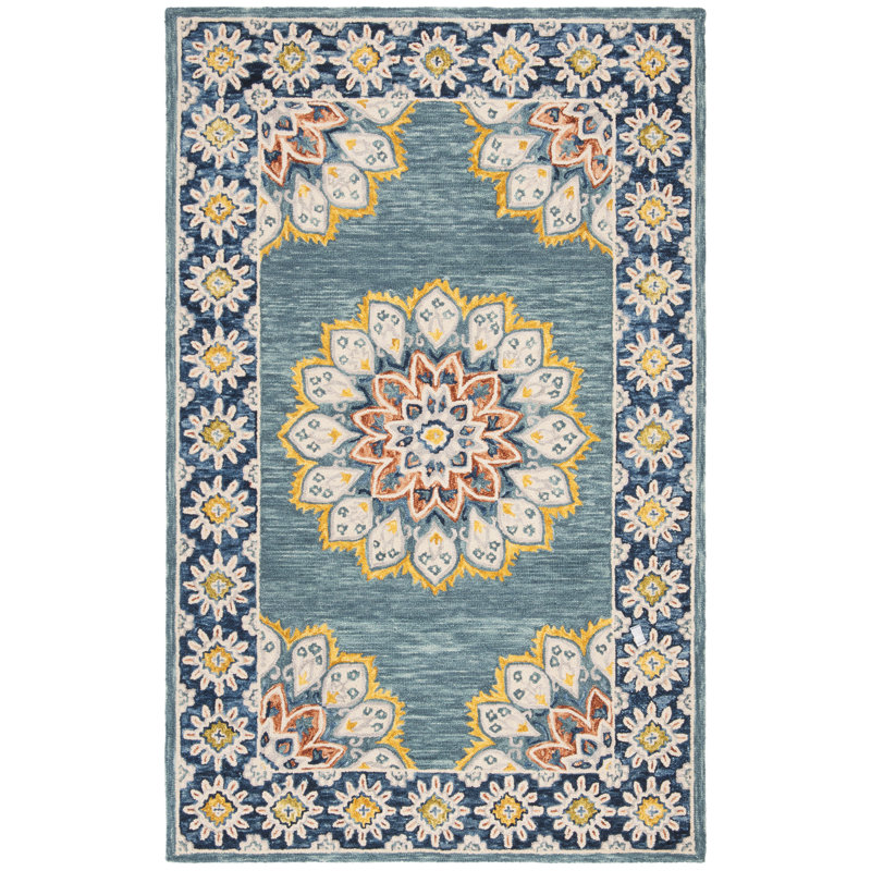Tapis bleu / vert en laine touffeté à la main Jahiem, Rectangle 4 pi x 6 pi
