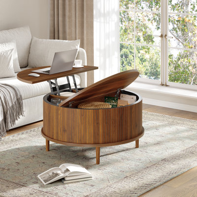 Round Lift-Top Storage Coffee Table with Vertical Striped Panels, Multi-Functional Hidden Storage Center Table for Living Room, Easy Assembly, Brown