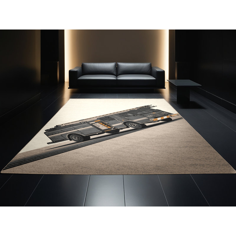 Machine Washable Potts Fire Truck Modern Rug in Beige – Beige Binding, 2x5