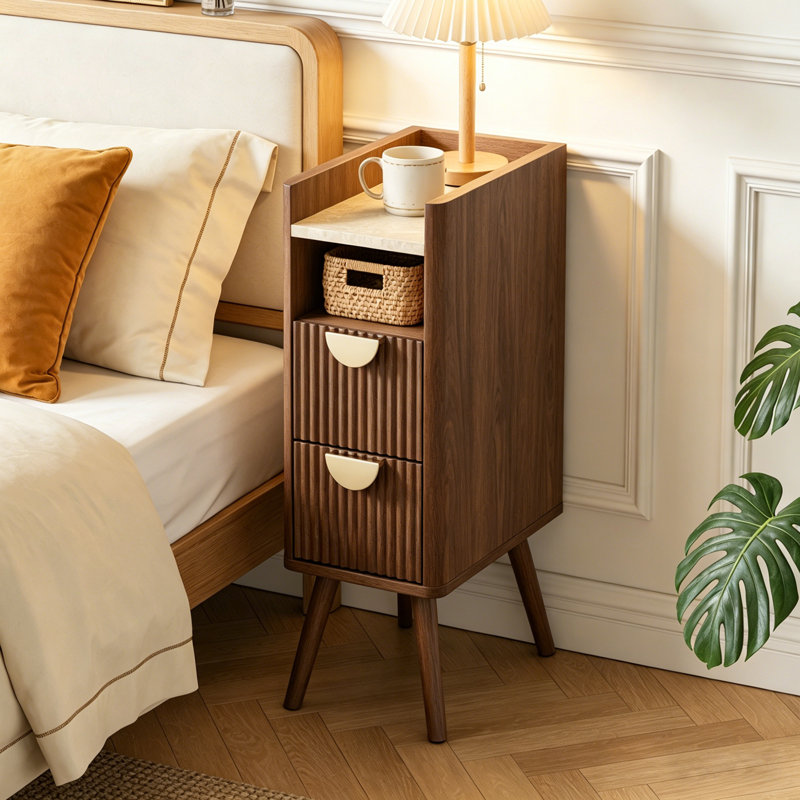 Mid-Century Modern Fluted 2-Drawer Nightstand, Set of 2, Brown