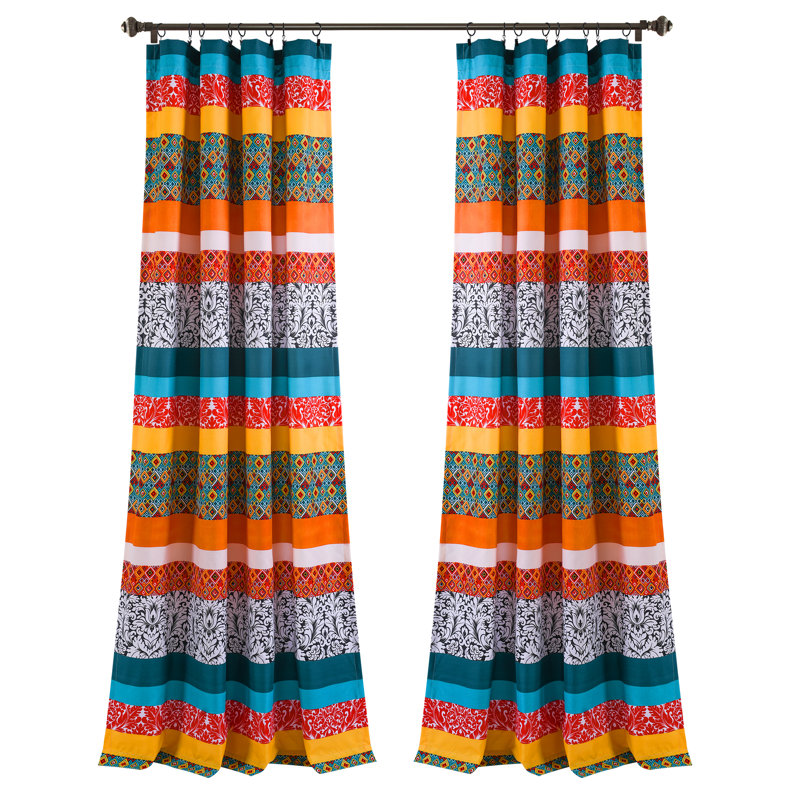 Boho Stripe Semi Sheer Curtain Pair, 52"W x 95"L, Turquoise/Tangerine
