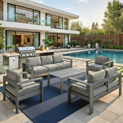 All-Weather 5-Piece Modern Metal Patio Furniture Set,  7-Seat Conversation Sofa With Thick Gray Cushions & Gray Frame And Coffee Table