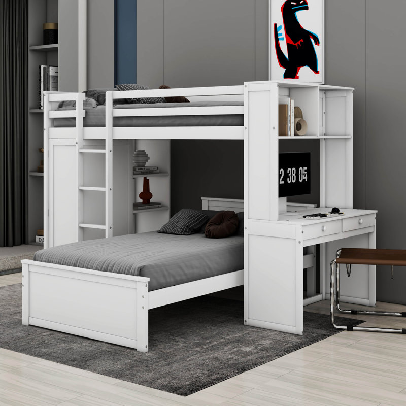 Kids Twin Loft Bed with Drawers, White