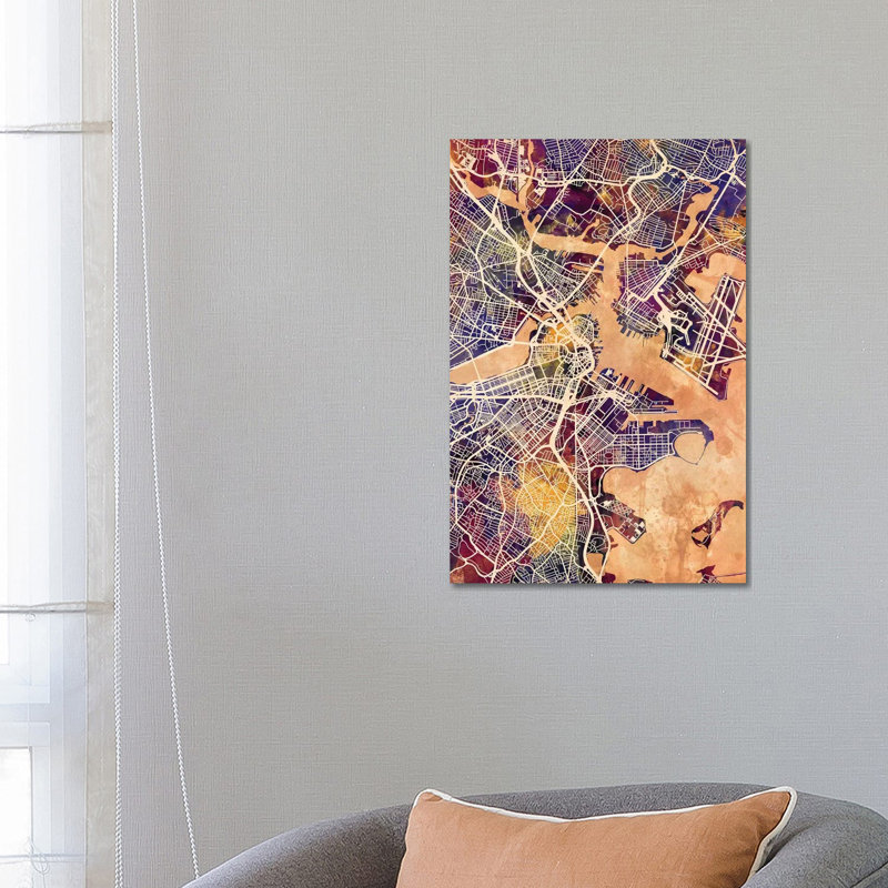 Boston Massachusetts Street Map II by Michael Tompsett - 1 Piece Wrapped Canvas Wall Art
