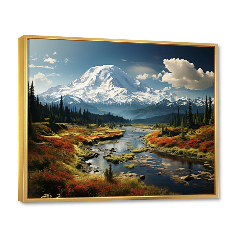 Art mural américain «Mount Rainier» - États-Unis, H 34 po x l 44 po x P 1,5 po, Cadre flottant doré