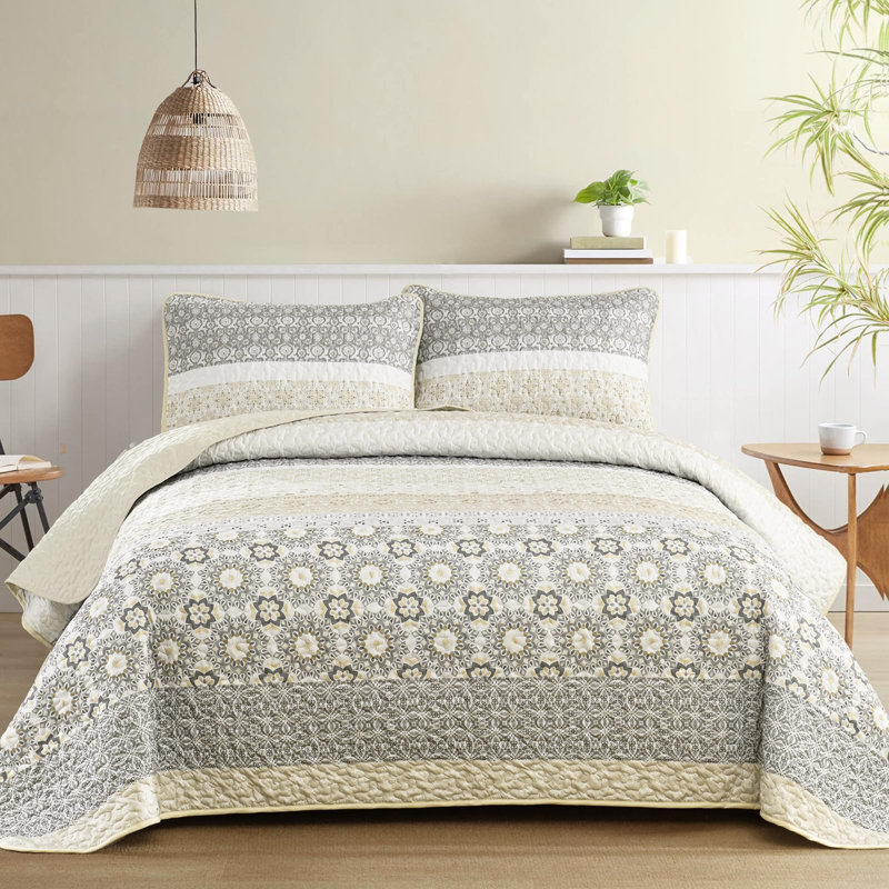 Ensemble de 3 ensembles de courtepointe Boho, Beige, Courtepointe pour lit grand + deux taies décorati