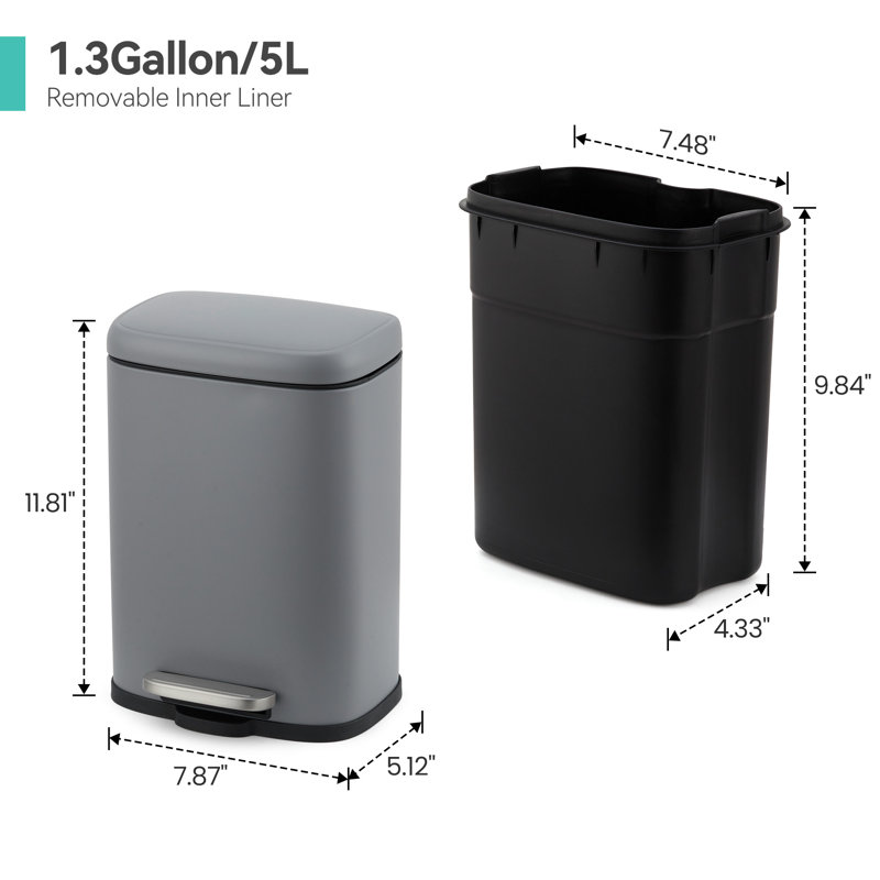 Poubelle à pédale à fermeture douce - Poubelle intérieure en acier sans marque 5L - Seau intérieur amovible, contrôle des odeurs, anti-marques, peu encombrant - idéal pour la salle de bain, la cuisine, le bureau - Gris