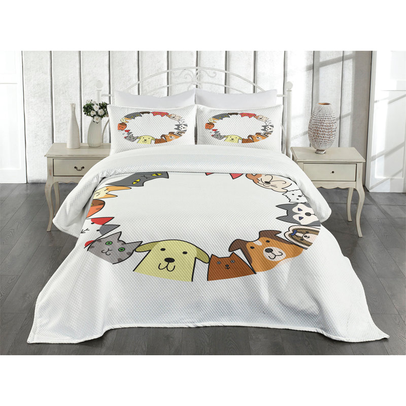 White Quilted Queen Bedspread Set with Cat Faces