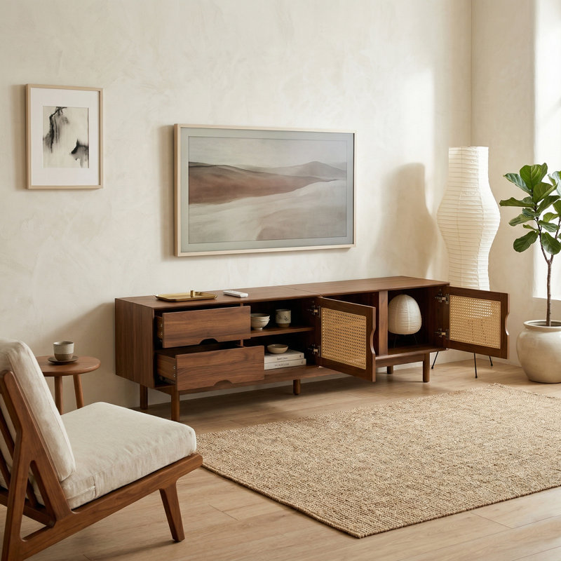 78 Inch Modern Rattan TV Stand For Tvs Up To 85 Inches, Trending Media Console With 2 Drawers & Solid Wood Legs
