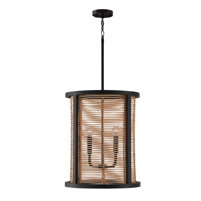 Hall 4 lumières l 18 po x H 22 po en noir mat fabriqué en bois de manguier et en rotin