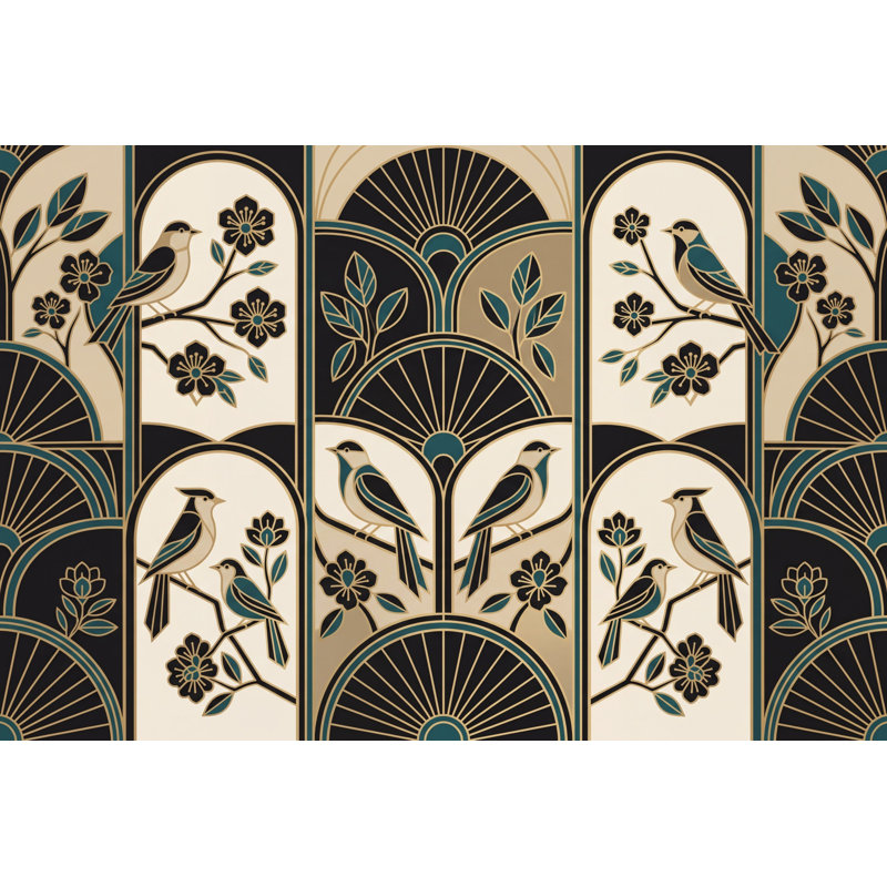 Papier peint art déco oiseaux sarcelle et or, 140 po x 108 po, Texturé non collé