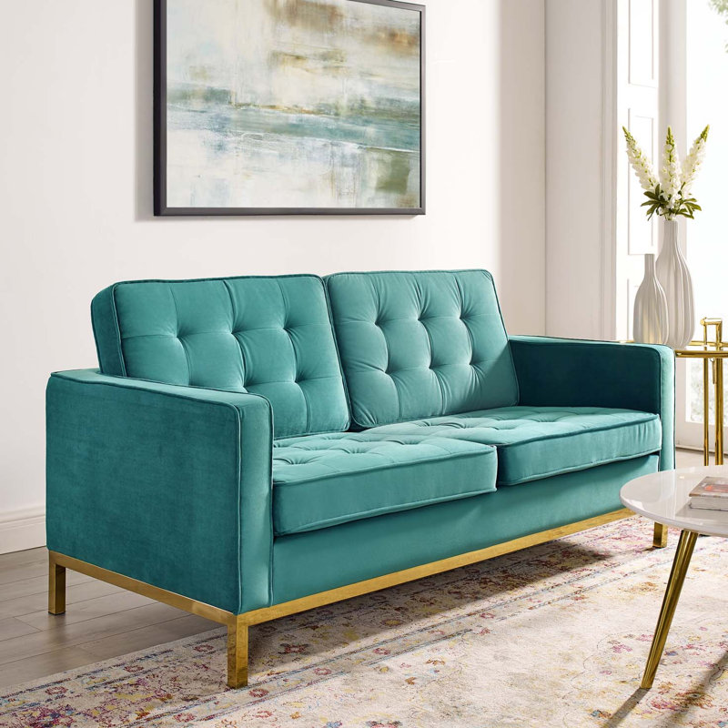 Loft Gold Stainless Steel Leg Performance Velvet Loveseat by Modway, Teal Plainweave