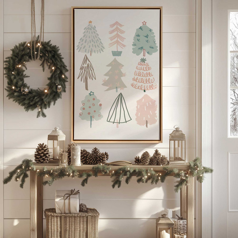 Playful Christmas Trees I Print on Canvas, 18.75" H x 12.75" W, Silver Floater Framed