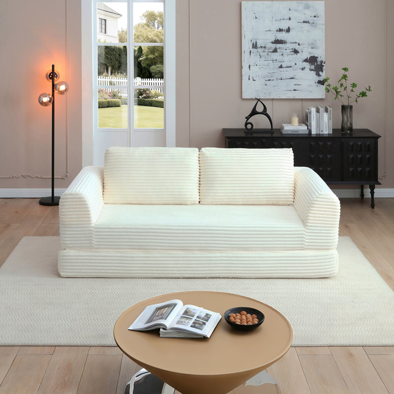 Canapé-lit convertible 2-en-1 pliant, canapé-lit en velours côtelé moderne avec 2 * coussins, canapé-lit modulaire sans dossier avec lit escamotable Futon et canapé-lit pliant pour le salon beige