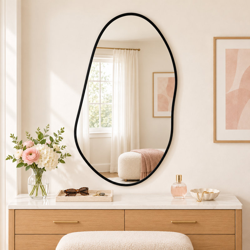 Miroir mural moderne en aluminium avec cadre asymétrique pour meuble-lavabo, 32"x 16.5", Matte Black