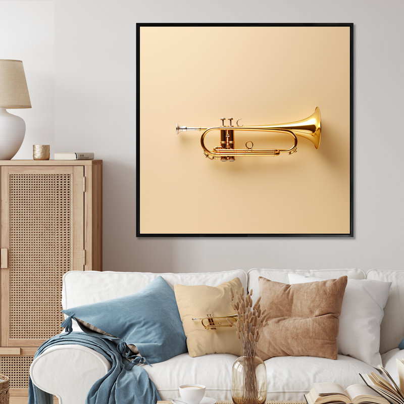«Gold Trumpet Call Bold Brass I», reproduction sur toile, Cadre flottant noir, H 30 po x l 30 po x P 1 po