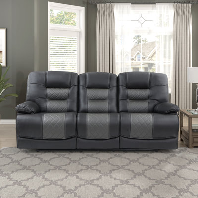 Amauriah 88" Modern & Contemporary Breathable Two-Tone Faux Leather Double Reclining Sofa with Drop-Down Center Table with Power & USB, Tab Pull Reclining Motion & Elegant Diamond Stitching