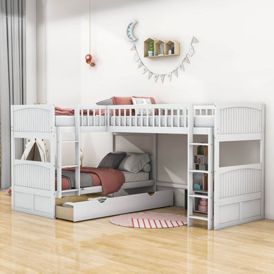 Duayne Twin Over Twin Bunk Bed, Wood Triple Bunk Bed With Drawers by Harriet Bee