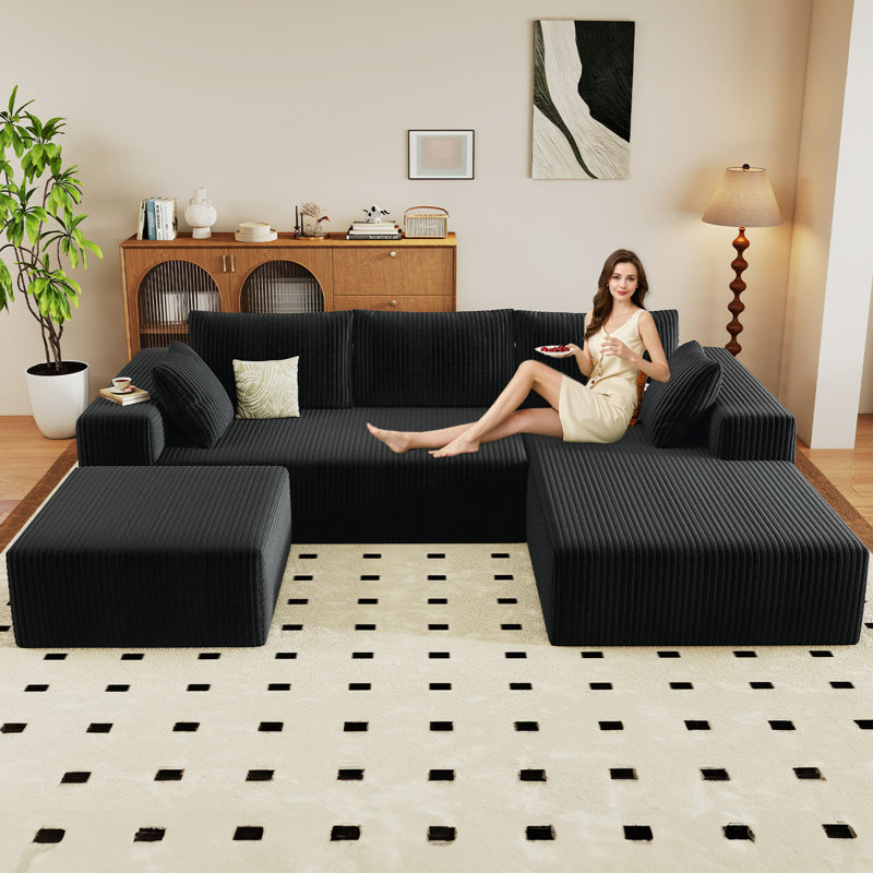 Canapé modulaire Boneless 96 po Cloud Couch, Orienté à droite, Velours côtelé noir