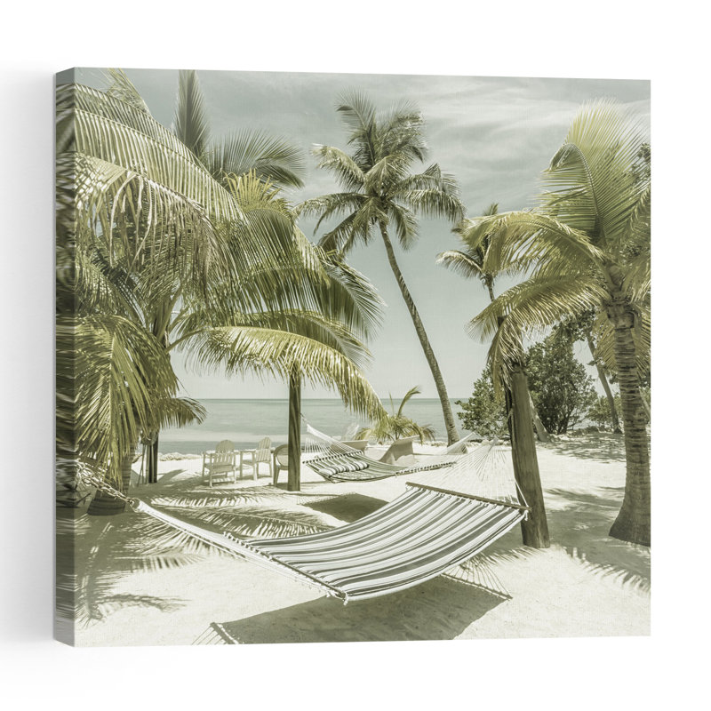 Impression sur toile de plage tropicale, hamacs rétro, romantique, palmier tranquille et côtier, H 32 po x l 32 po