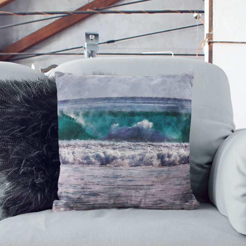 Ocean Wave Painting Square Throw Cushion, 40cm H x 40cm W x 15cm D, Stone